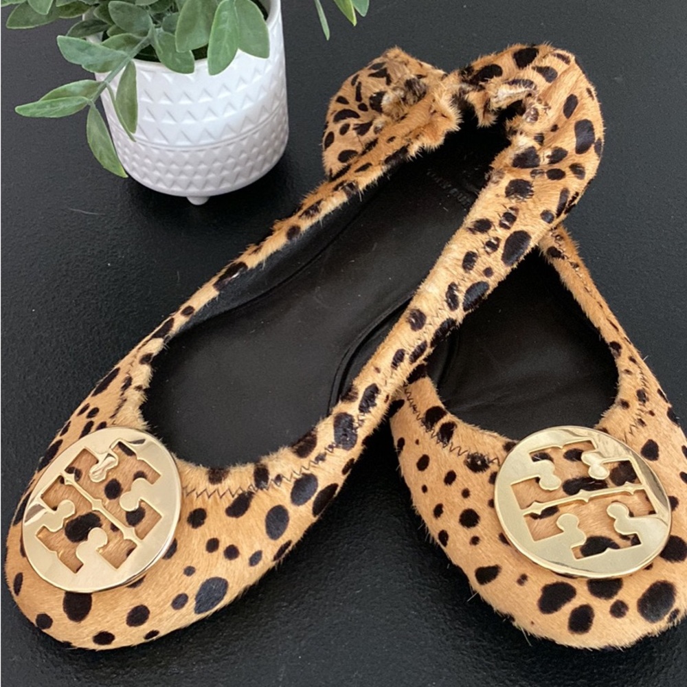 Tory Burch Reva Flats Leopard Print Real Calf Hair/Gold / Size 9.5